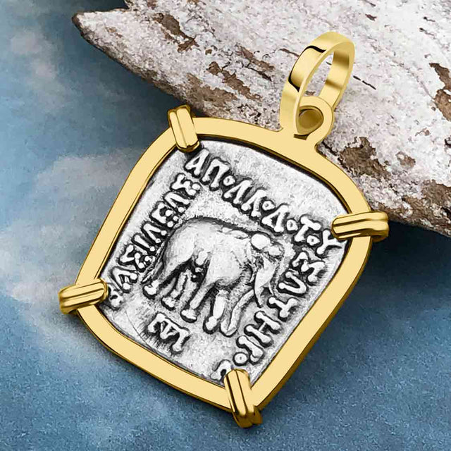Ancient Indo-Greek Bactrian Elephant and Bull Silver Drachm Coin 170 BC 14K Gold Pendant