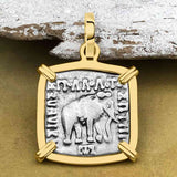 Ancient Indo-Greek Bactrian Elephant and Bull Silver Drachm Coin 170 BC 14K Gold Pendant
