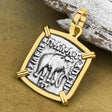 Ancient Indo-Greek Bactrian Elephant and Bull Silver Drachm Coin 170 BC 14K Gold Pendant