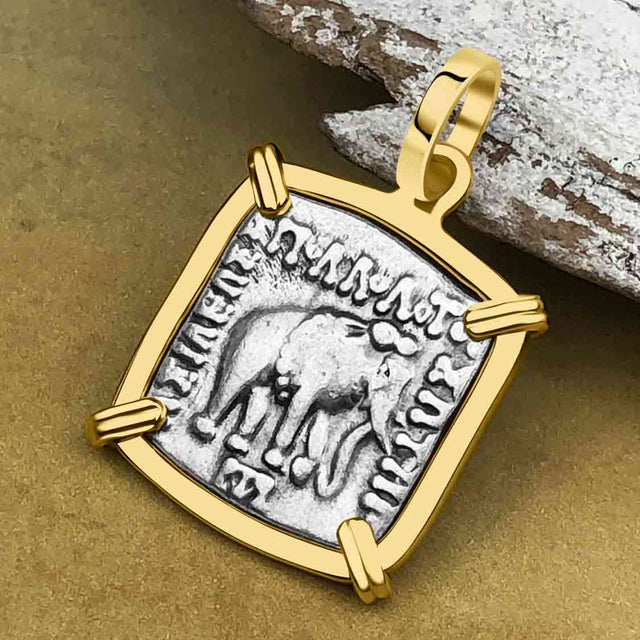 Ancient Indo-Greek Bactrian Elephant and Bull Silver Drachm Coin 170 BC 14K Gold Pendant