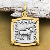 Ancient Indo-Greek Bactrian Elephant and Bull Silver Drachm Coin 170 BC 14K Gold Pendant