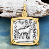 Ancient Indo-Greek Bactrian Elephant and Bull Silver Drachm Coin 170 BC 14K Gold Pendant