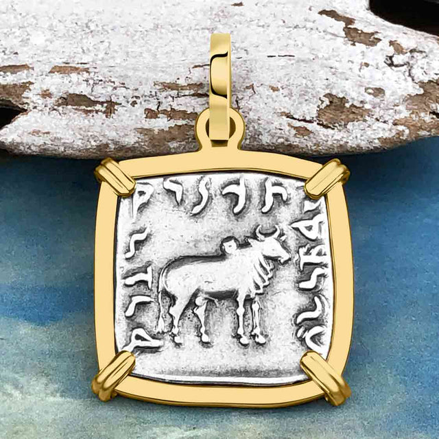 Ancient Indo-Greek Bactrian Elephant and Bull Silver Drachm Coin 170 BC 14K Gold Pendant
