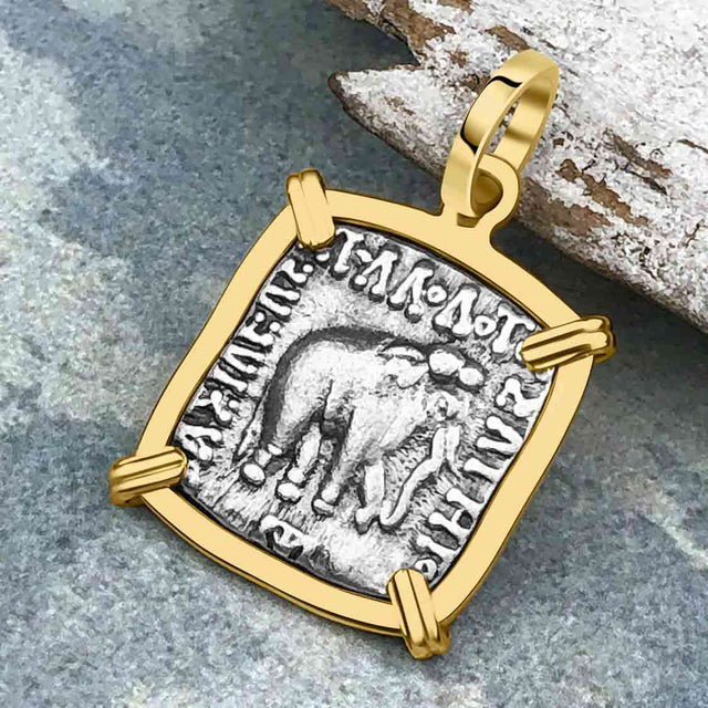 Ancient Indo-Greek Bactrian Elephant and Bull Silver Drachm Coin 170 BC 14K Gold Pendant