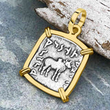 Ancient Indo-Greek Bactrian Elephant and Bull Silver Drachm Coin 170 BC 14K Gold Pendant