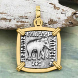 Ancient Indo-Greek Bactrian Elephant and Bull Silver Drachm Coin 170 BC 14K Gold Pendant