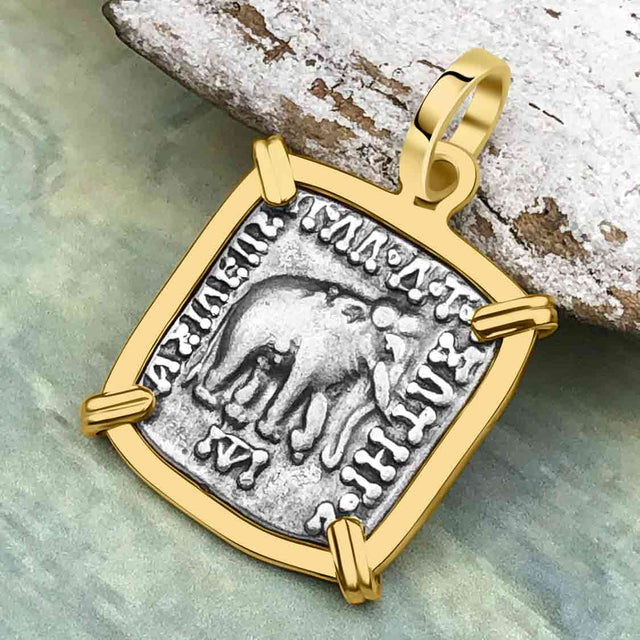 Ancient Indo-Greek Bactrian Elephant and Bull Silver Drachm Coin 170 BC 14K Gold Pendant