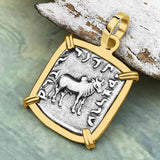 Ancient Indo-Greek Bactrian Elephant and Bull Silver Drachm Coin 170 BC 14K Gold Pendant