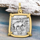 Ancient Indo-Greek Bactrian Elephant and Bull Silver Drachm Coin 170 BC 14K Gold Pendant