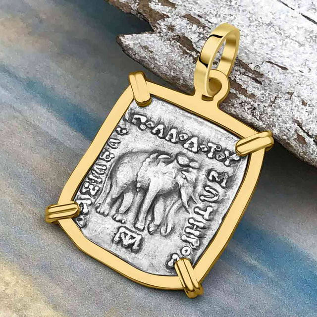 Ancient Indo-Greek Bactrian Elephant and Bull Silver Drachm Coin 170 BC 14K Gold Pendant