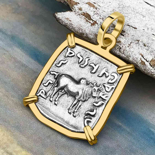 Ancient Indo-Greek Bactrian Elephant and Bull Silver Drachm Coin 170 BC 14K Gold Pendant