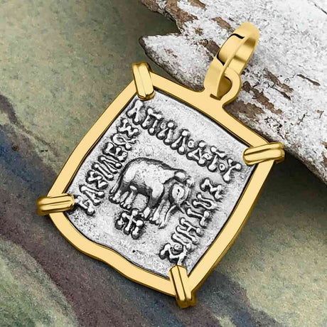 Ancient Indo-Greek Bactrian Elephant and Bull Silver Drachm Coin 170 BC 14K Gold Pendant