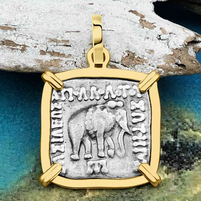 Ancient Indo-Greek Bactrian Elephant and Bull Silver Drachm Coin 170 BC 14K Gold Pendant
