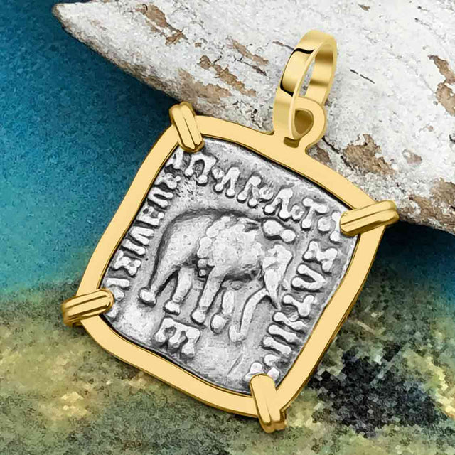 Ancient Indo-Greek Bactrian Elephant and Bull Silver Drachm Coin 170 BC 14K Gold Pendant