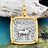 Ancient Indo-Greek Bactrian Elephant and Bull Silver Drachm Coin 170 BC 14K Gold Pendant