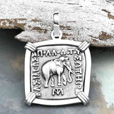 Ancient Indo-Greek Bactrian Elephant and Bull Silver Drachm Coin 170 BC 14K White Gold Pendant