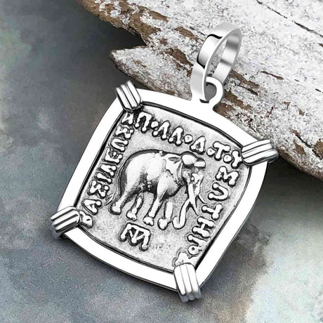 Ancient Indo-Greek Bactrian Elephant and Bull Silver Drachm Coin 170 BC 14K White Gold Pendant