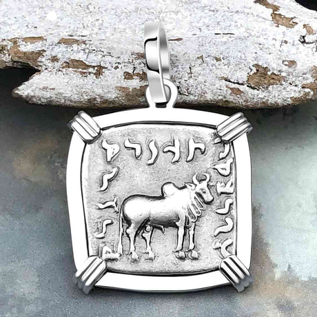 Ancient Indo-Greek Bactrian Elephant and Bull Silver Drachm Coin 170 BC 14K White Gold Pendant