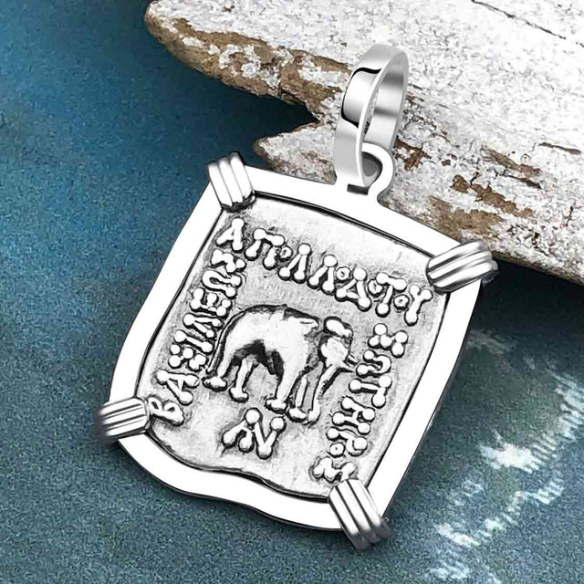 Ancient Indo-Greek Bactrian Elephant and Bull Silver Drachm Coin 170 BC 14K White Gold Pendant