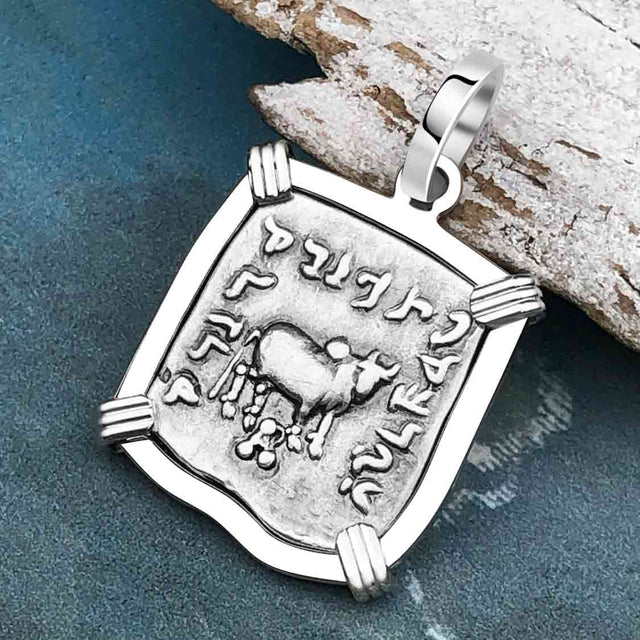 Ancient Indo-Greek Bactrian Elephant and Bull Silver Drachm Coin 170 BC 14K White Gold Pendant