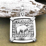 Ancient Indo-Greek Bactrian Elephant and Bull Silver Drachm Coin 170 BC 14K White Gold Pendant