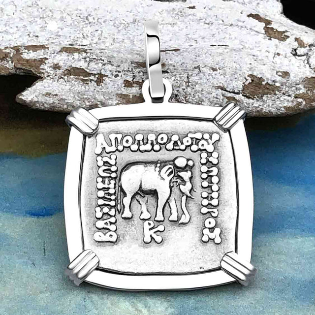 Ancient Indo-Greek Bactrian Elephant and Bull Silver Drachm Coin 170 BC 14K White Gold Pendant