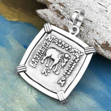 Ancient Indo-Greek Bactrian Elephant and Bull Silver Drachm Coin 170 BC 14K White Gold Pendant