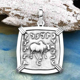 Ancient Indo-Greek Bactrian Elephant and Bull Silver Drachm Coin 170 BC 14K White Gold Pendant