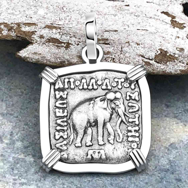 Ancient Indo-Greek Bactrian Elephant and Bull Silver Drachm Coin 170 BC 14K White Gold Pendant