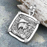 Ancient Indo-Greek Bactrian Elephant and Bull Silver Drachm Coin 170 BC 14K White Gold Pendant