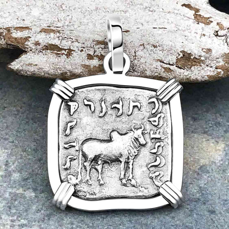 Ancient Indo-Greek Bactrian Elephant and Bull Silver Drachm Coin 170 BC 14K White Gold Pendant