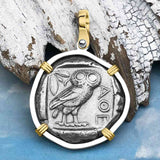 Ancient Greek Athena and the Owl Silver Tetradrachm circa 450 BC 14K Gold and Sterling Silver Pendant