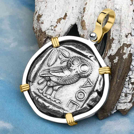Ancient Greek Athena and the Owl Silver Tetradrachm circa 450 BC 14K Gold and Sterling Silver Pendant