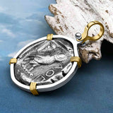 Ancient Greek Athena and the Owl Silver Tetradrachm circa 450 BC 14K Gold and Sterling Silver Pendant
