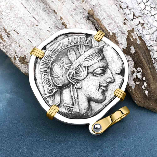 Ancient Greek Athena and the Owl Silver Tetradrachm circa 450 BC 14K Gold and Sterling Silver Pendant
