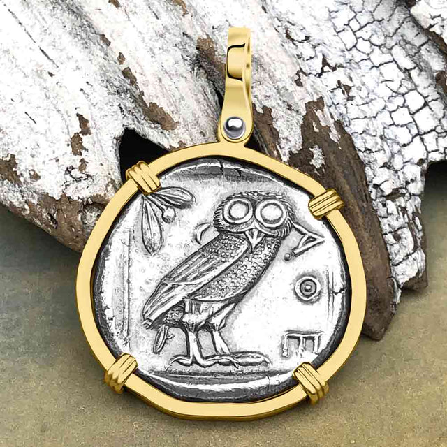 Ancient Greek Athena and the Owl Silver Tetradrachm circa 450 BC 14K Gold Pendant