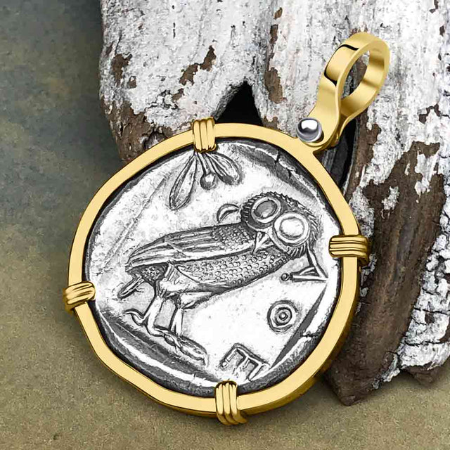 Ancient Greek Athena and the Owl Silver Tetradrachm circa 450 BC 14K Gold Pendant