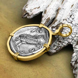 Ancient Greek Athena and the Owl Silver Tetradrachm circa 450 BC 14K Gold Pendant