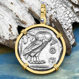 Ancient Greek Athena and the Owl Silver Tetradrachm circa 450 BC 14K Gold Pendant