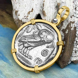 Ancient Greek Athena and the Owl Silver Tetradrachm circa 450 BC 14K Gold Pendant