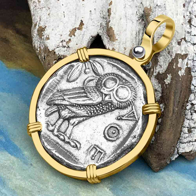 Ancient Greek Athena and the Owl Silver Tetradrachm circa 450 BC 14K Gold Pendant