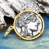 Ancient Greek Athena and the Owl Silver Tetradrachm circa 450 BC 14K Gold Pendant