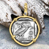 Ancient Greek Athena and the Owl Silver Tetradrachm circa 450 BC 14K Gold Pendant