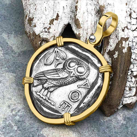 Ancient Greek Athena and the Owl Silver Tetradrachm circa 450 BC 14K Gold Pendant