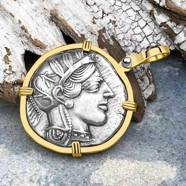 Ancient Greek Athena and the Owl Silver Tetradrachm circa 450 BC 14K Gold Pendant