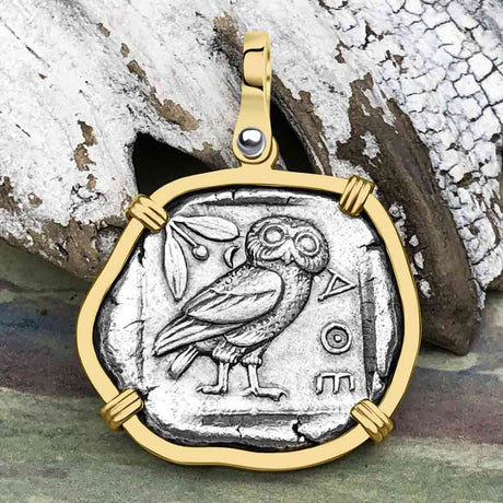 Ancient Greek Athena and the Owl Silver Tetradrachm circa 450 BC 14K Gold Pendant