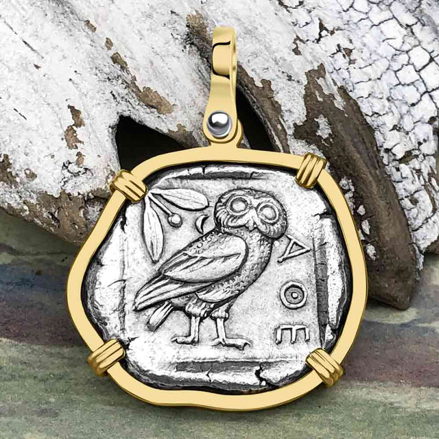 Ancient Greek Athena and the Owl Silver Tetradrachm circa 450 BC 14K Gold Pendant