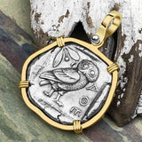 Ancient Greek Athena and the Owl Silver Tetradrachm circa 450 BC 14K Gold Pendant