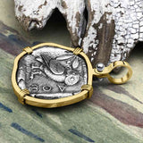 Ancient Greek Athena and the Owl Silver Tetradrachm circa 450 BC 14K Gold Pendant