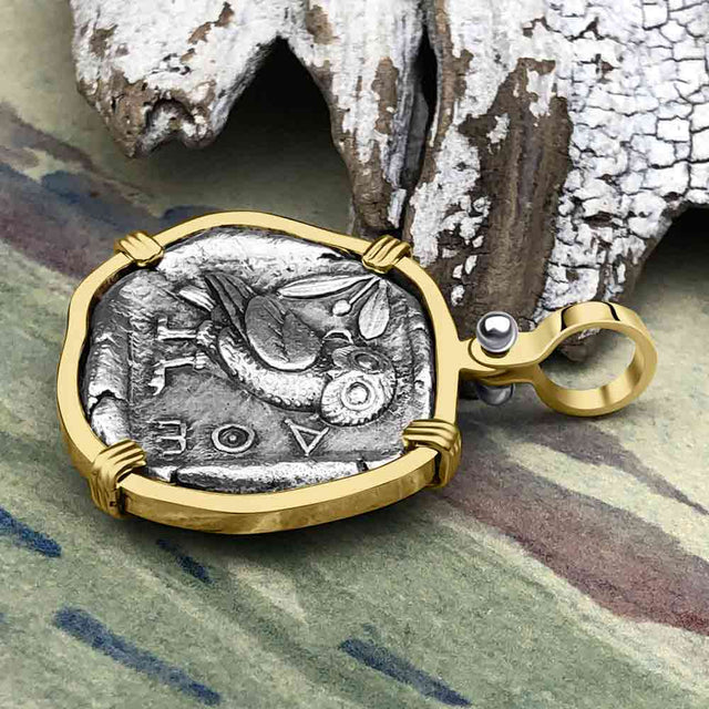 Ancient Greek Athena and the Owl Silver Tetradrachm circa 450 BC 14K Gold Pendant